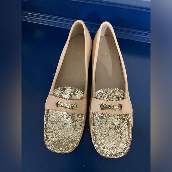 Stuart Weizmann Glitter Gold Leather Loafers Size 7.5 - Picture 1 of 6
